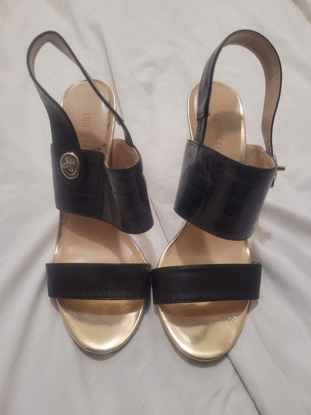 Expressions Black Leather Slingback Sandals with Gold Insole